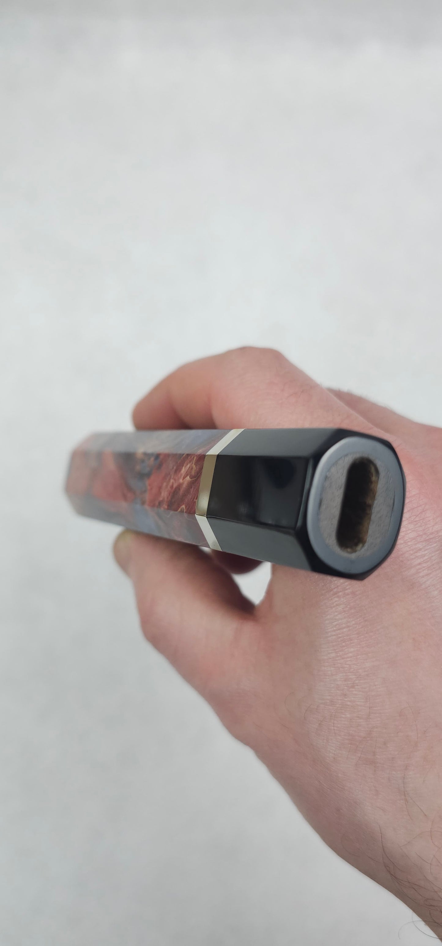 Stabilized Birch Burl with Buffalo Horn Ferrule - Red/Dark Blue