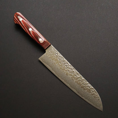 Shisei AUS10 Damascus Tsuchime Santoku 180mm-Red Western
