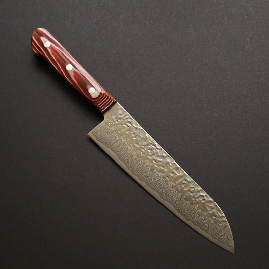 Shisei AUS10 Damascus Tsuchime Santoku 180mm-Red Western