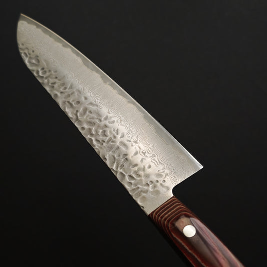 Shisei AUS10 Damascus Tsuchime Santoku 180mm-Red Western